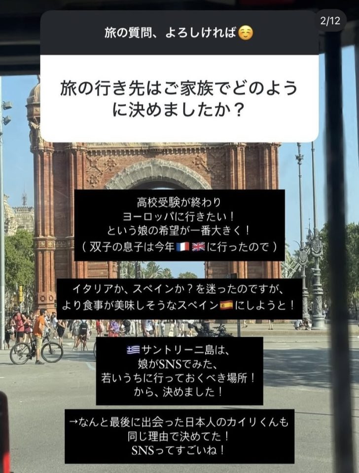 旅の行き先はご家族でどのように決めましたか？　スペイン　バルセロナ　ギリシャ　サントリーニ島