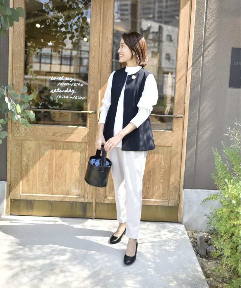 30代  40代  50代  60代　コーデ　ワーママ　通勤　休日　きれいめ　ベスト　ジャケット　ファッション　ウェア　セレモニー　服　 OURHOME  高身長　低身長　洗える　