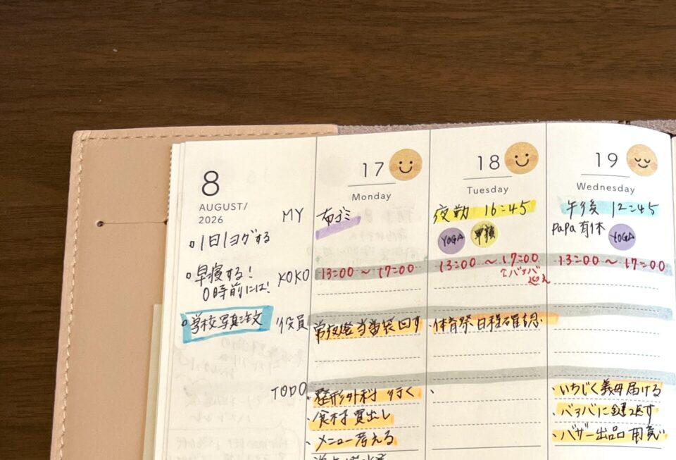 Likeme手帳（A5ベーシック）、左上に1週間でやりたいこと、シールで気分や達成を追加