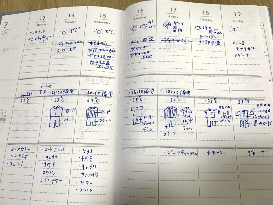 Likeme手帳（A5ベーシック）、その日の気温とコーデをイラストで記録